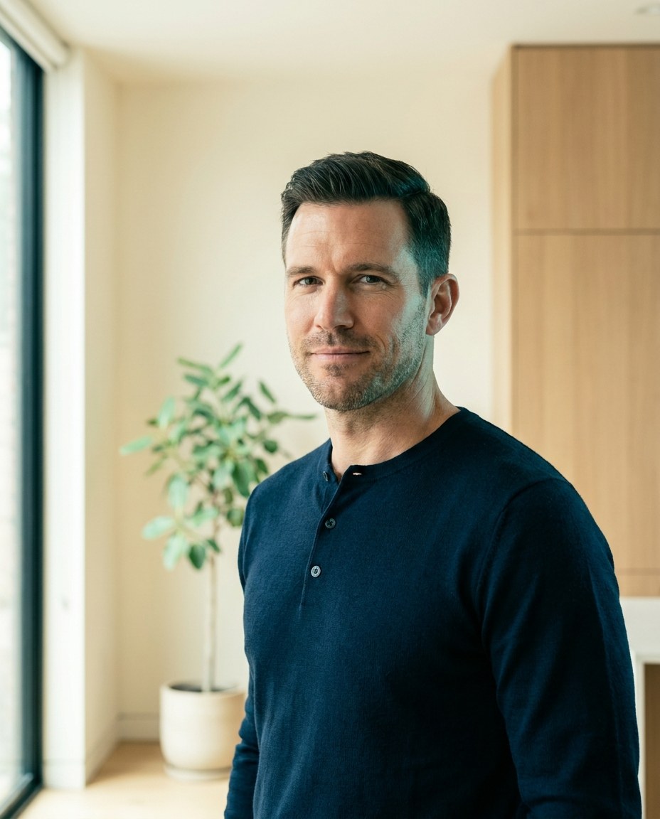 Man standing by a window in a calm modern room