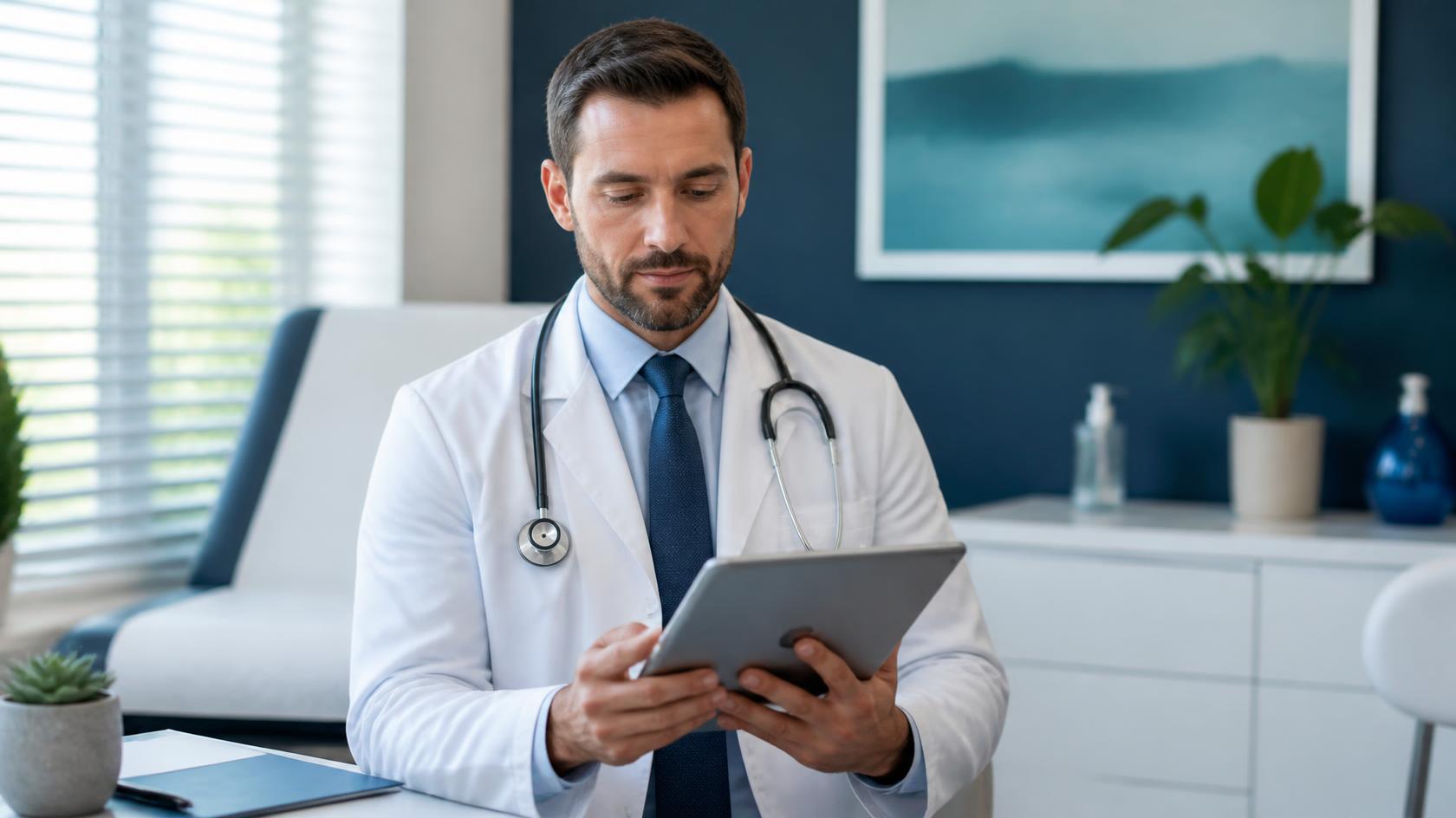 Licensed physician reviewing a member care plan on a tablet