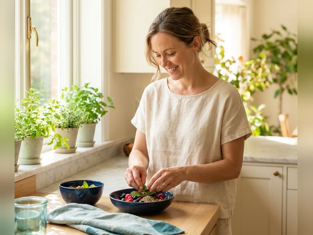 Woman preparing a fresh breakfast in a sunlit kitchen
